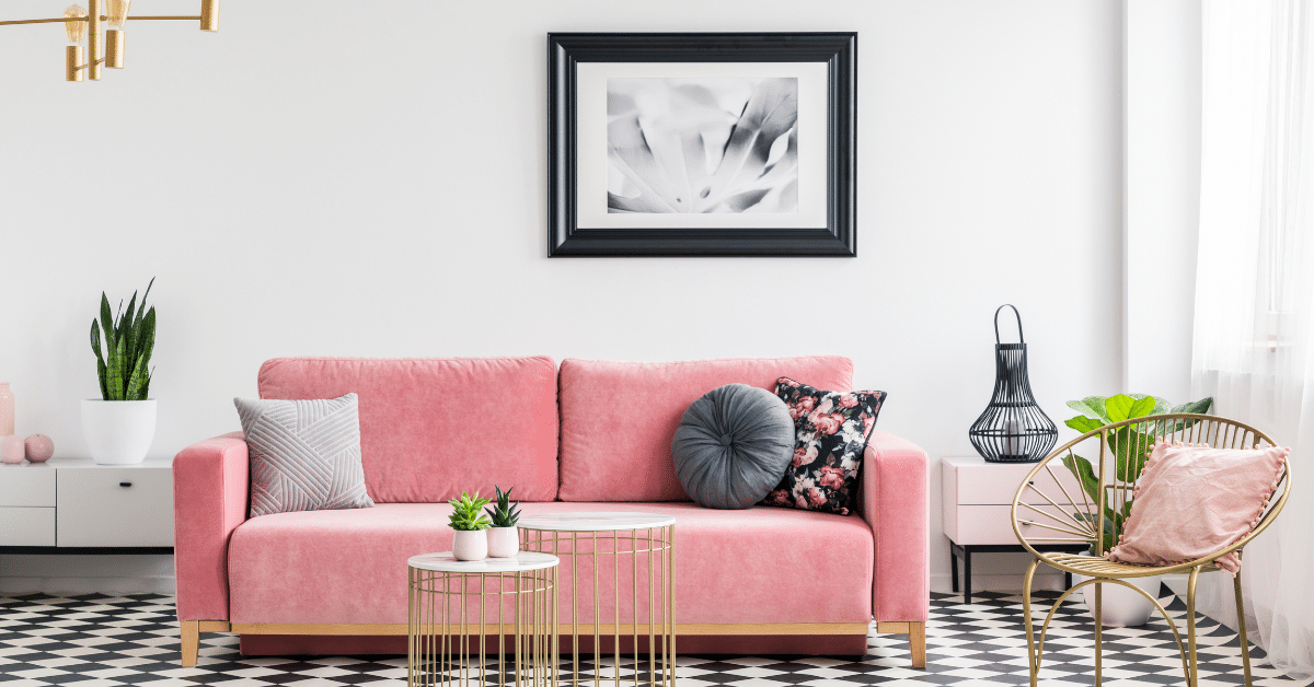 Image of a pastel pink sofa and accessories for the Home Sweet Home Picking Pastels post