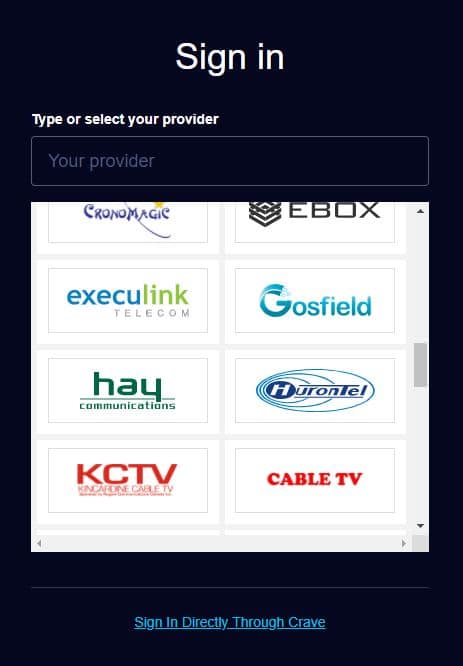 Image of the cable provider screen - Cable TV option