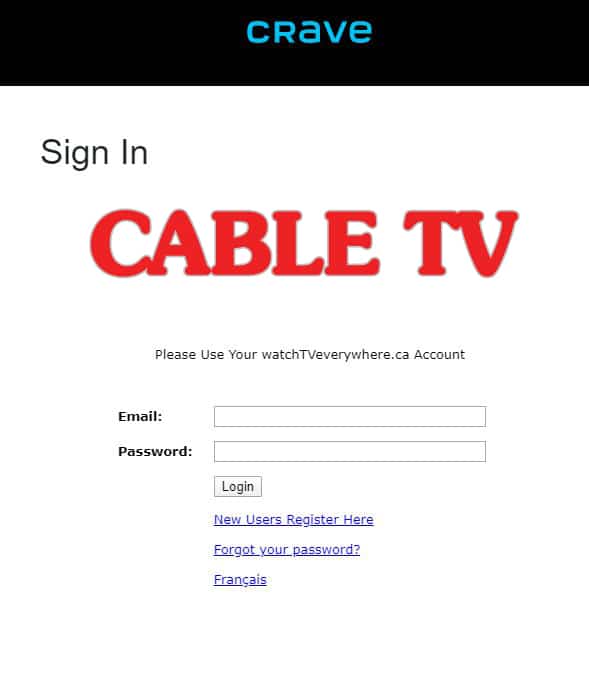 Image of the Cable TV login screen from Crave